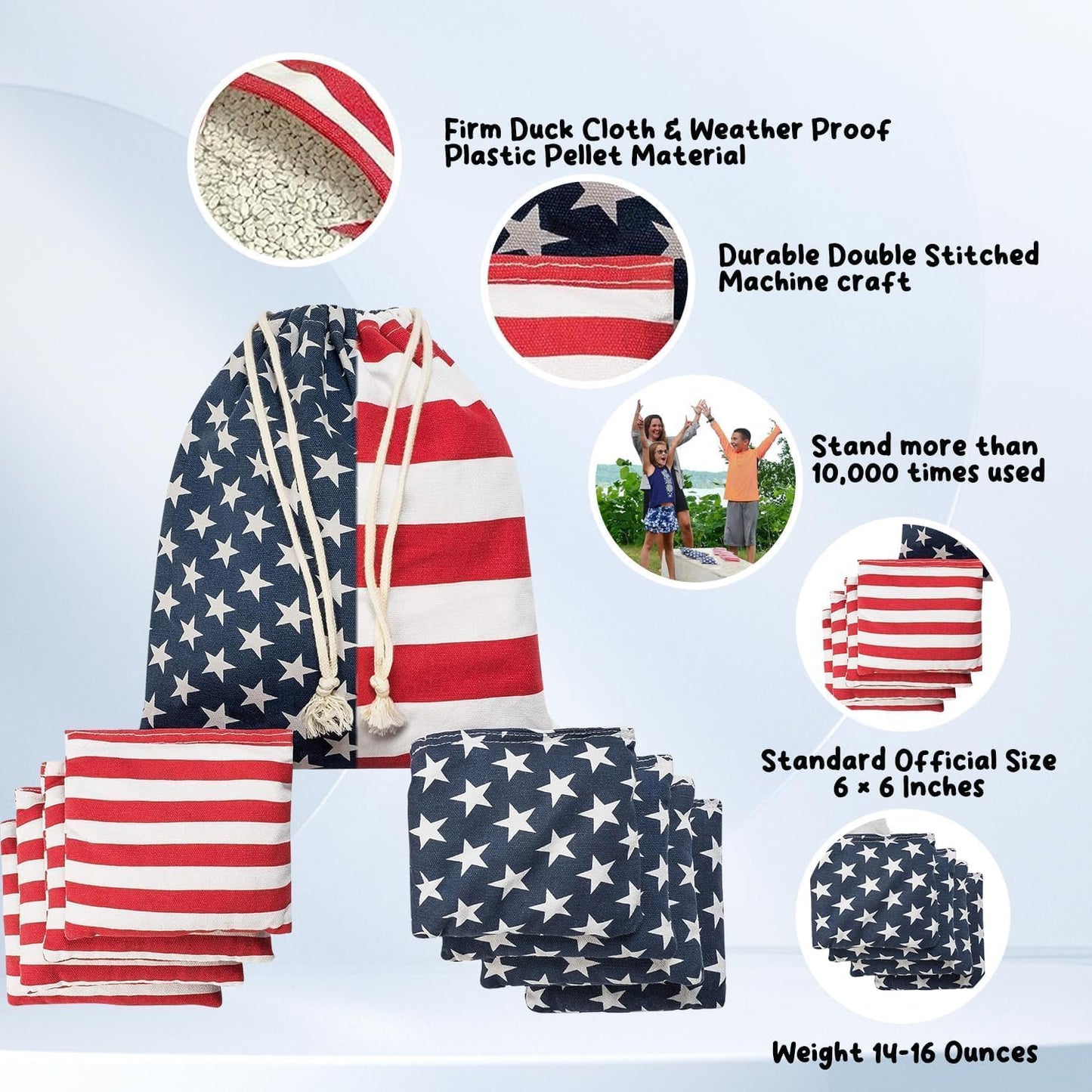 Regulation Cornhole Bean Bags: Professional American Flag Toss Game Set 8 Star and Stripes Outdoor Teams Tournament