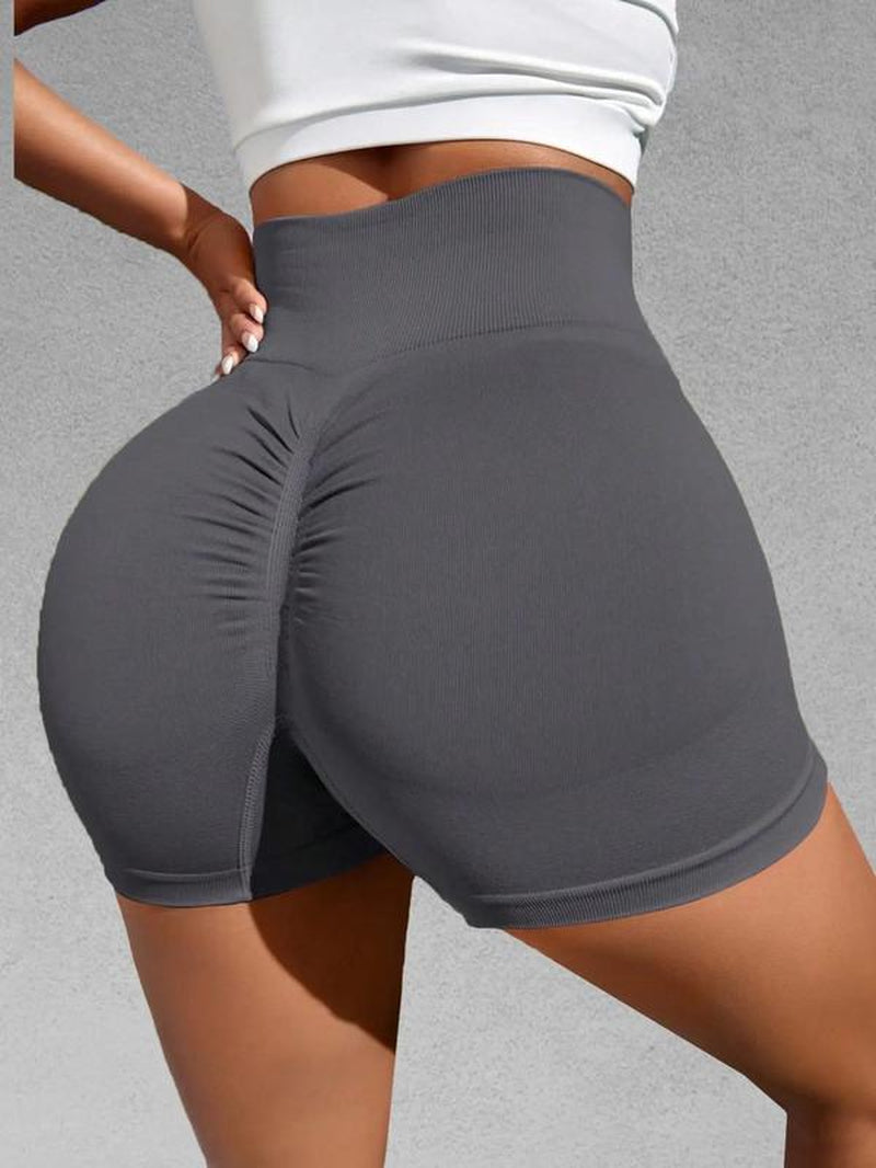 Women'S Solid Ruched High Waist Sports Shorts, Casual Comfy Breathable Seamless High Stretch Shorts for Yoga Gym, Women Sport & Outdoor Clothing