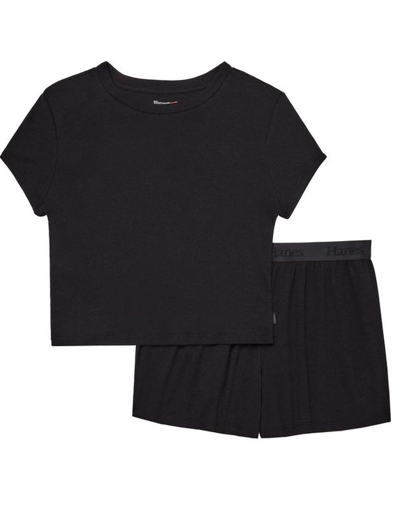 Hanes Originals Women'S 2-Piece Lounge Set RIBBED Supersoft Cropped Baby Doll Tee & Sleep Shorts Loungewear Comfort