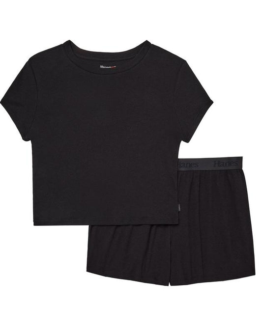 Hanes Originals Women'S 2-Piece Lounge Set RIBBED Supersoft Cropped Baby Doll Tee & Sleep Shorts Loungewear Comfort