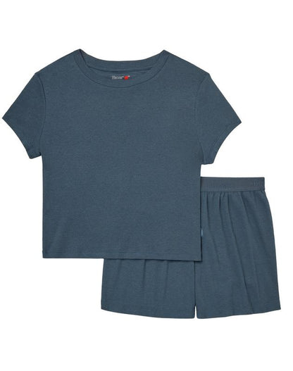 Hanes Originals Women'S 2-Piece Lounge Set RIBBED Supersoft Cropped Baby Doll Tee & Sleep Shorts Loungewear Comfort