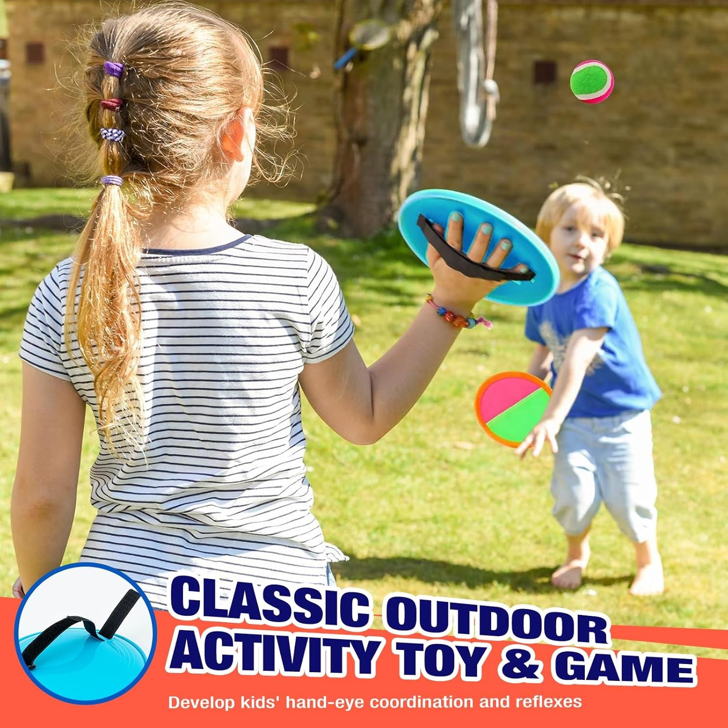 Kids Outdoor Toys - Toss and Catch Game Set, outside Yard Camping Beach Pool Toys Games for Boys Girls 3 4 5 6 7 8 9 10 Year Old, 4 Paddles 4 Balls (Blue+Orange)