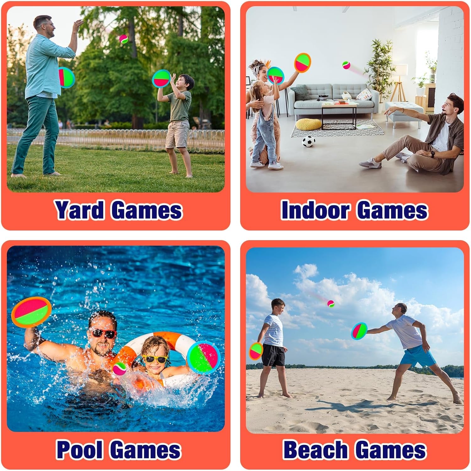 Kids Outdoor Toys - Toss and Catch Game Set, outside Yard Camping Beach Pool Toys Games for Boys Girls 3 4 5 6 7 8 9 10 Year Old, 4 Paddles 4 Balls (Blue+Orange)